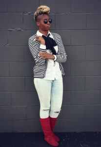 black and white cardigan, collared shirt, scarf and denim