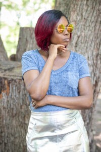 metallic skirt and blue tee outfit