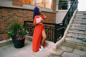 orange maxi romper outfit idea