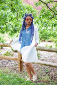 denim dress with light trench coat
