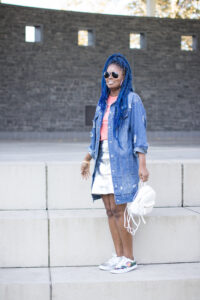 Long jeans jacket with tshirt and skirt
