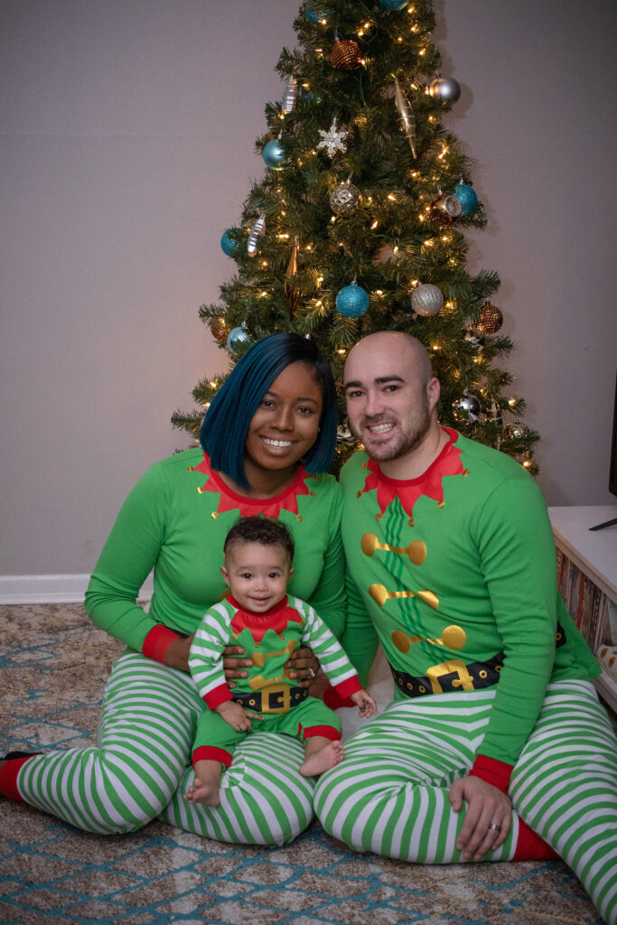 family Christmas photo with pajamas